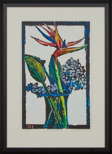 A Framed Woodcut Print of Bird of Paradise and Hydrangea by Jenny Locke-Forbes 07