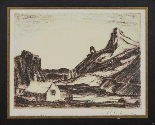 A Framed Etching titled Musterers Hut by E.C. Seelye