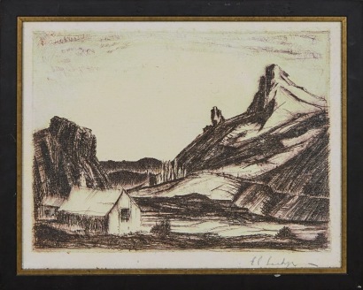 A Framed Etching titled Musterers Hut by E.C. Seelye