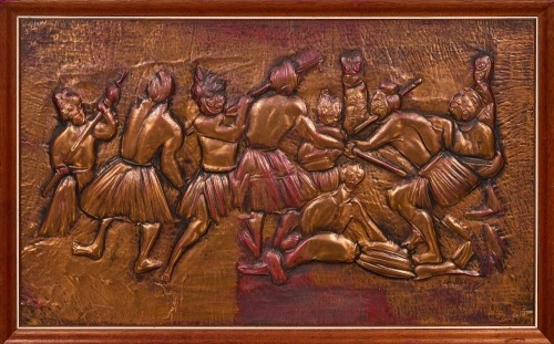 A Maori War Scene Pressed Copper by Leon Bailey