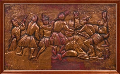 A Maori War Scene Pressed Copper by Leon Bailey