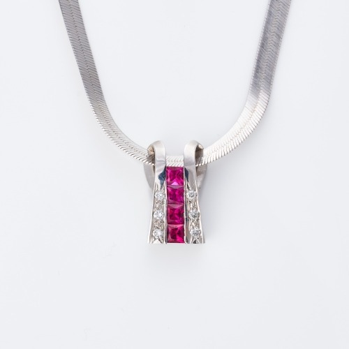 9ct White Gold, 42cm Herringbone Link Necklace with 14ct White Gold, Stone Set Pendant