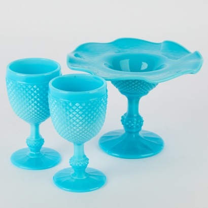 A Pair of Vintage Turquoise Milk Glass Hobnail Goblets with Pedetal Bowl
