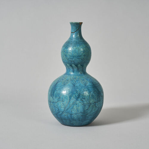A 18th Century Chinese Double-gourd Turquoise Incised Vase (gold lacquer repair to the rim, Da Ming Jianjing Nian Zhi Mark)