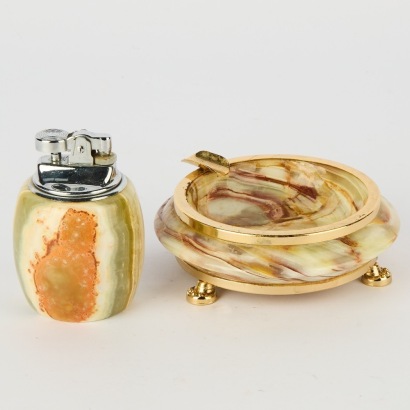 A Vintage Onyx Lighter and Footed Ashtray Set