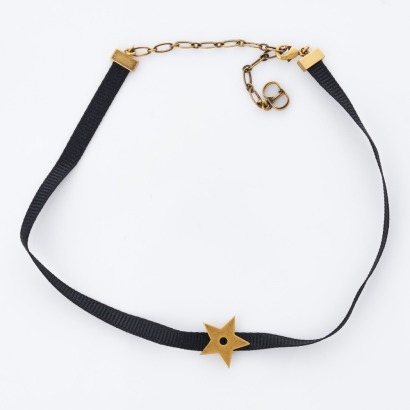 Christian Dior, Star Charm, 37cm Black Ribbon Choker with Box