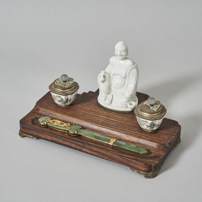 A Chinese Jade and Gold Letter Opener, An 18th-19th Century Blanc de Chine Lohan Statue and a Pair of 18th Century Famille Verte Inkwells