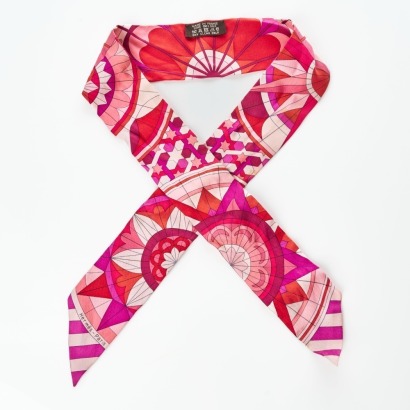 Herm&egrave;s, 100% Silk, Multicolour Printed Pink Twilly with Box