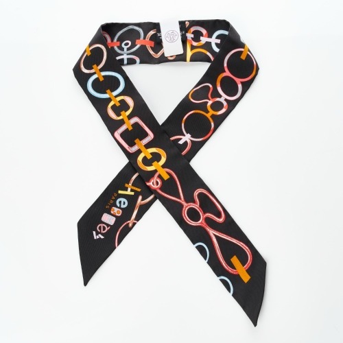 Herm&egrave;s, 100% Silk, Multicolour Printed Black Twilly with Box