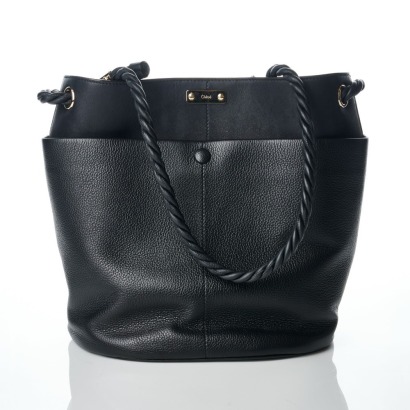 Chlo&eacute;, Black Calfskin Leather Key Braided Handle Bucket