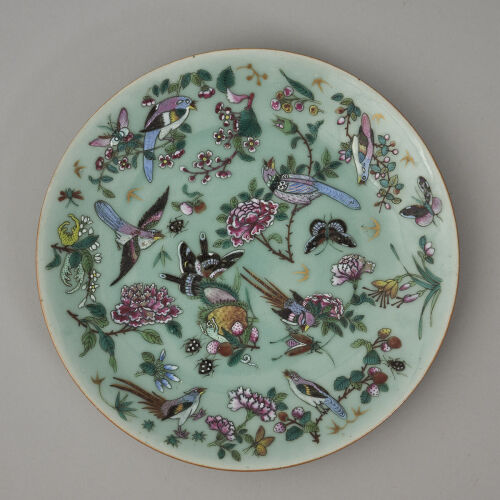 A 19th Century Chinese Celadon Canton Famille Rose 'Floral and Bird' Dish