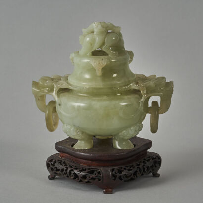 A Chinese Jade Carved Incense Burner with origianal base