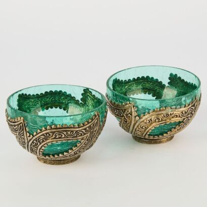 A Pair of Asian 20th Century Silver Mounted Glass Bowls