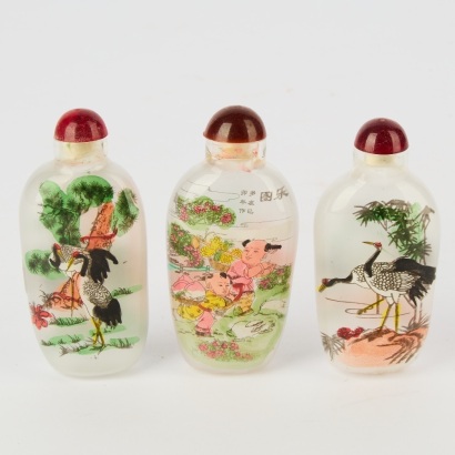 A Group of Three Chinese 20th Century Beijing Glass Inside Painted Snuff Bottles