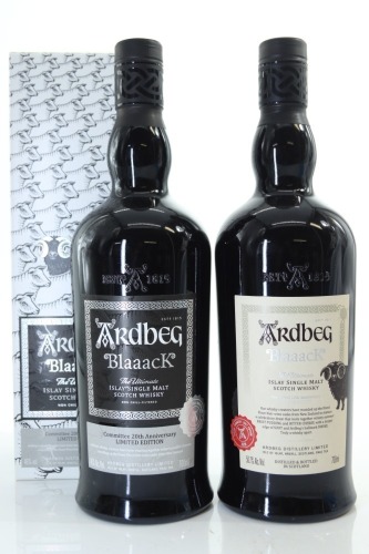 (1) Ardbeg 'Blaaack' (45% ABV) & 'Blaaack' Committee 20th Anniversary 2020 Release (50.7% ABV) Single Malt Scotch Whisky, 2 Bottles Sold as One Lot