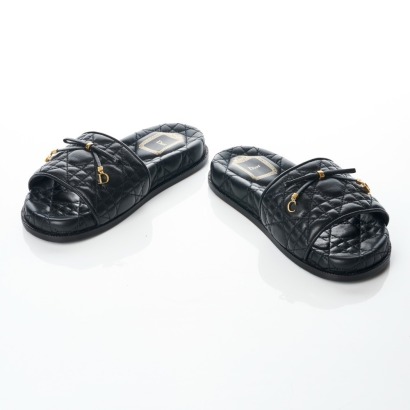 Christian Dior, Black Quilted Leather Slides, Size 36.5
