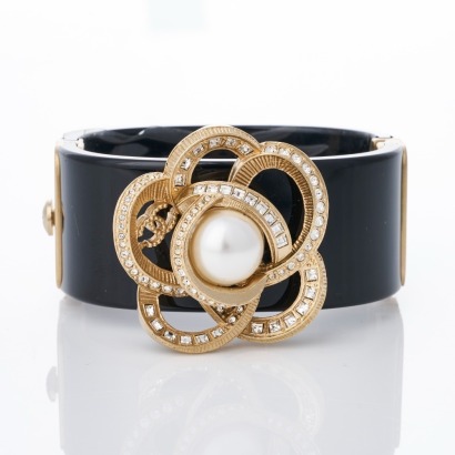 Chanel, Faux Pearl & Crystal Camellia Cuff with Box
