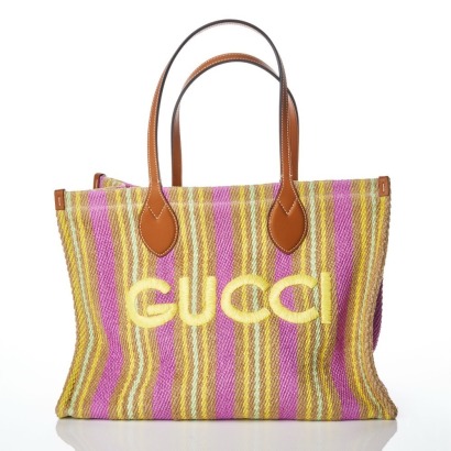 Gucci, Lido Multicoloured Striped Raffia Jute Medium Tote Bag