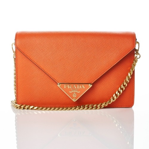 Prada, Orange Saffiano Leather Envelope Flap Chain Shoulder Bag