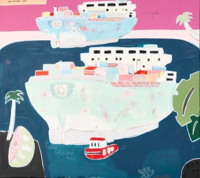 ROB TUCKER (painting of boats and half watermelon)