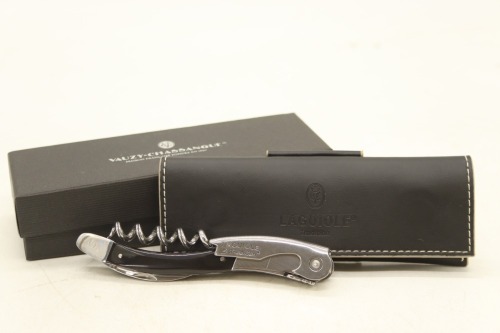 (1) Laguiole Traditional Sommelier Wine Knife Black Cow Horn with Leather Pouch