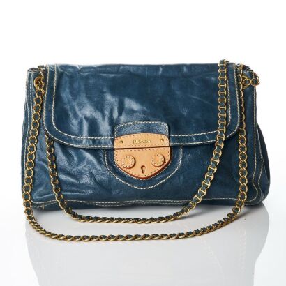 Prada, Blue Nappa Leather Chain Shoulder Bag