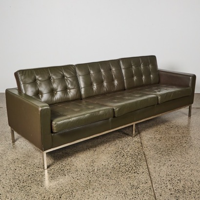 A Replica Olive Leather Florence Knoll Three Seat Sofa