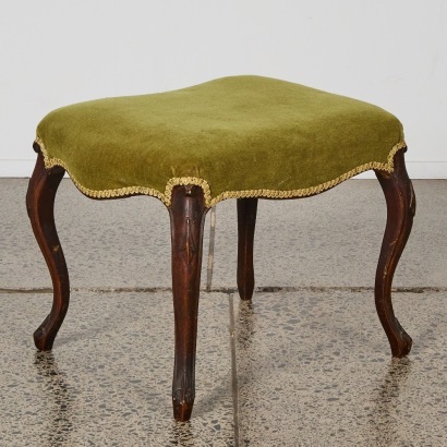 An Antique French Walnut Stool with Olive Green Upholstery