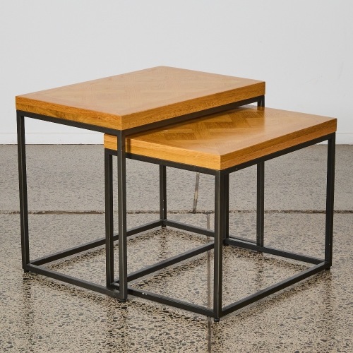 A Pair of Minimal Oak Geometric Parquet Side Tables