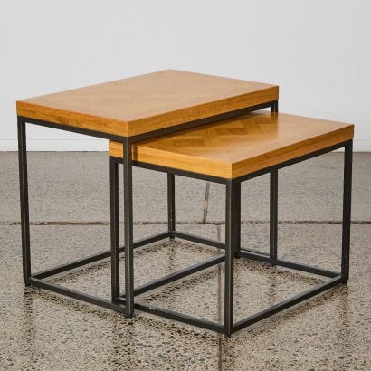 A Pair of Minimal Oak Geometric Parquet Side Tables
