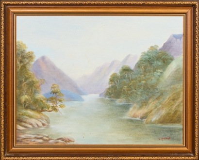 A Vintage Oil Landscape Scene by V Holland