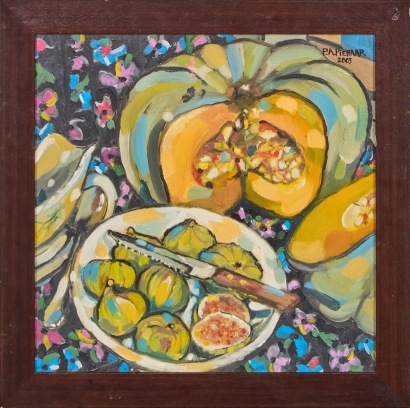 An Original Framed Oil on Board Artwork featuring Pumpkins and Figs