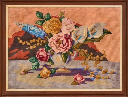 A Vintage Mid-Century Framed Floral Needlepoint from the 1960s