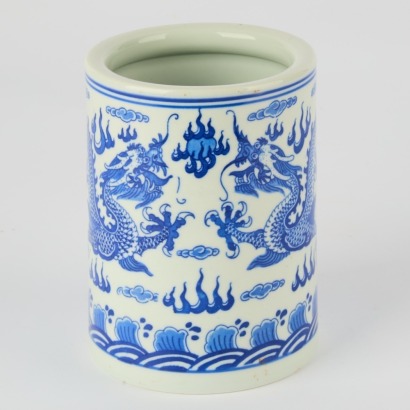 A Chinese 20th Century Blue and White 'Figural' Brush Pot (Qianlong Mark)