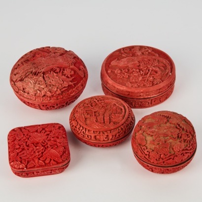 A Group of Five Chinese 20th Century Carved Red Lacquer Boxes and Covers, 'Bird-and-Flower', 'Dragon' and 'Figural'
