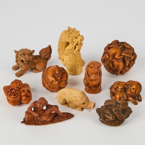 A Group of Ten Chinese 20th Century Carved Wood Small Items