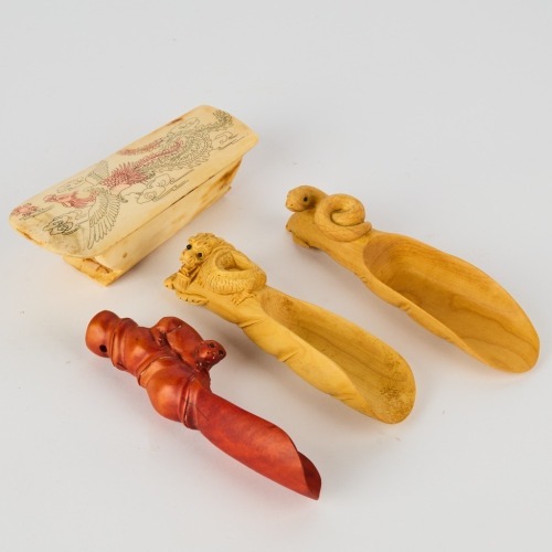 A Group of Four Chinese 20th Century Carved Bone and Wood Small Items