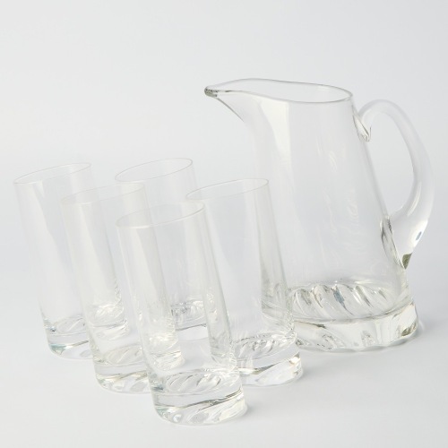 A Mid-Century 'Ten Degree' Leaning Pitcher and Glasses by Schott Zwiesel