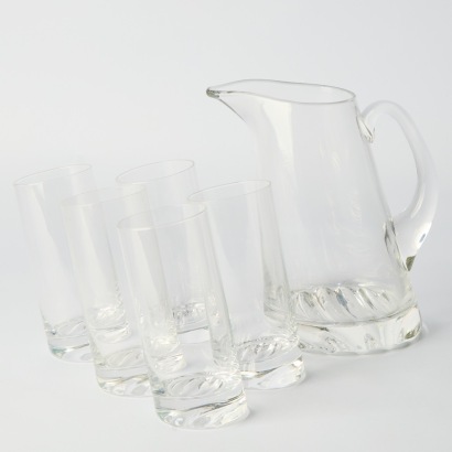 A Mid-Century 'Ten Degree' Leaning Pitcher and Glasses by Schott Zwiesel