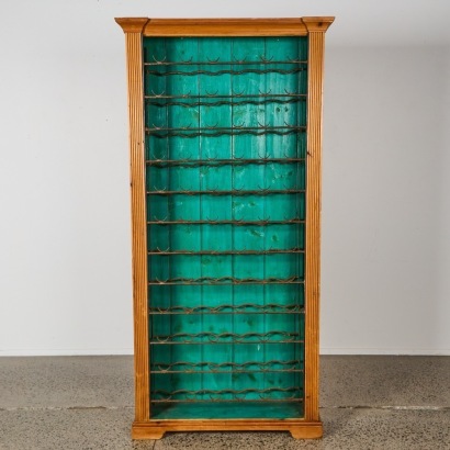 A Vintage 72-Bottle French Wine Cellar Rack in Baltic Pine and Wrought Iron