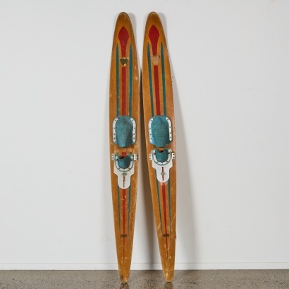 A Pair of Vintage Mid-Century VeeKee Atlas 'Victor' Wooden Waterskis
