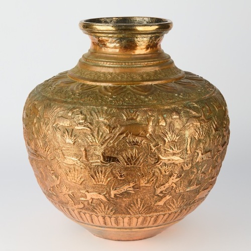 An Antique Large Indo-Persian Copper Vase, 19th Century, Relief-Decorated with Animal Hunt