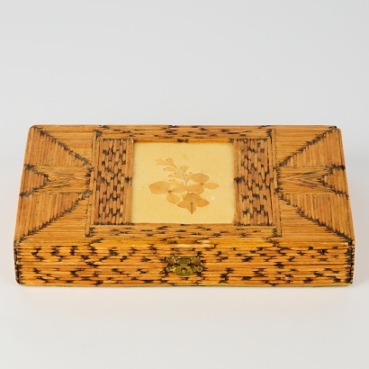 A Vintage Folk-Art Matchstick Card Box with Vintage Clubman Playing Cards