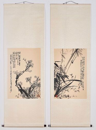 A Set of Two Chinese Ink Hanging Scrolls Depicting Plum Blossom and Bamboo