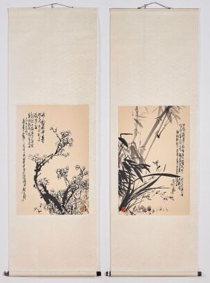 A Set of Two Chinese Ink Hanging Scrolls Depicting Plum Blossom and Bamboo