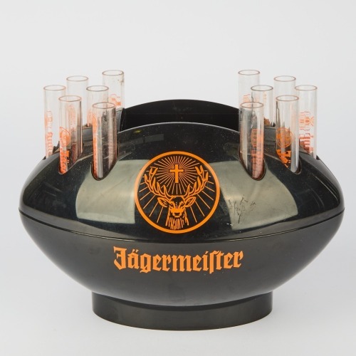 A Jagermeister Rugby Ball Bottle Cooler and Shot Holder