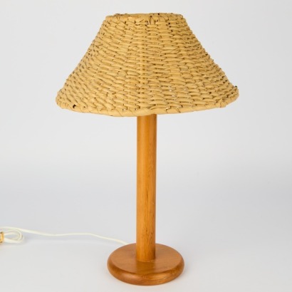 A Mid-century Modern Table lamp with Rimu Base and Handwoven Shade