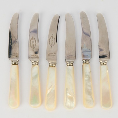 A Vintage Set of Six Fruit Knives with Mother of Pearl Handles