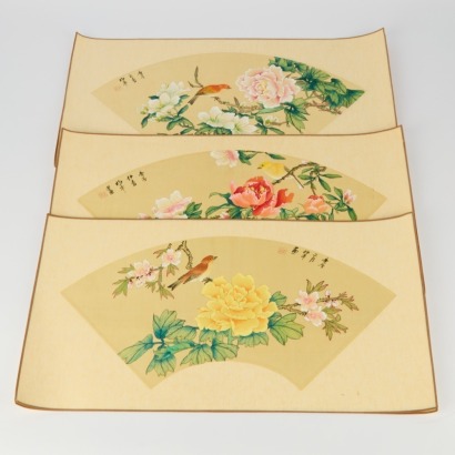 A Set of Four Chinese Fan Paintings Depicting Flowers and Birds