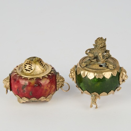 A Set of Two Chinese Silver-Mounted Agate Snuff Bottles
